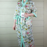 Cotton Floral Dressing Gown with Green Stripe Trim