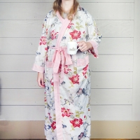 White and Pink Edged Floral Cotton Dressing Gown